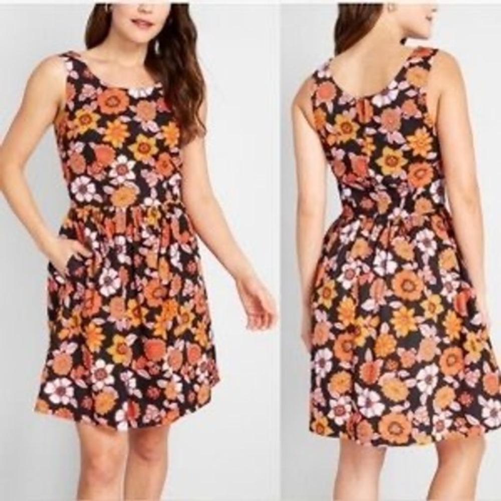 ModCloth Womens XL Floral Fit and Flare Dress Black Orange Cotton Sleeveless